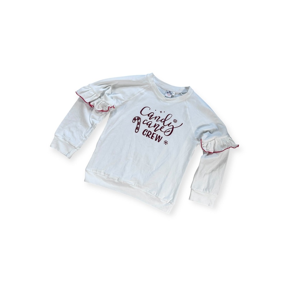 Mia Belle Girls Candy Cane Crew White Ruffle Sleeve Holiday Sweatshirt‎ Size 8